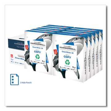 Hammermill® Great White 30 Recycled Print Paper, 92 Bright, 3hole, 20lb, 8.5 X 11, White, 500 Sheets-ream, 10 Reams-carton freeshipping - TVN Wholesale